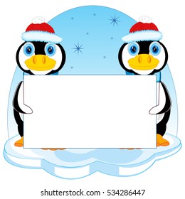 Penguins in hat on block of ice with poster