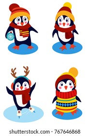 penguins in hats and scarves , set , vector illustration of festive funny birds