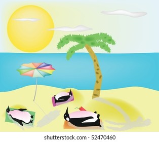 Penguins have a rest on a beach, under scorching beams of the sun