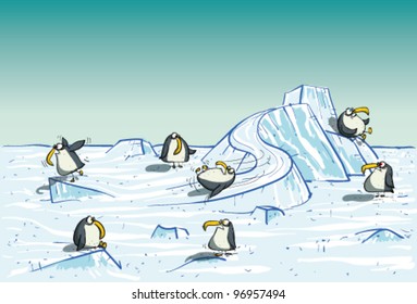 Penguins Having Fun on North Pole
