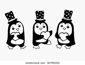 Penguins with heart vector. Cute hand drawn penguins set. Valentine's Day greetings