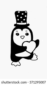  Penguins with heart vector. Cute hand drawn penguins. Valentine's Day greetings
