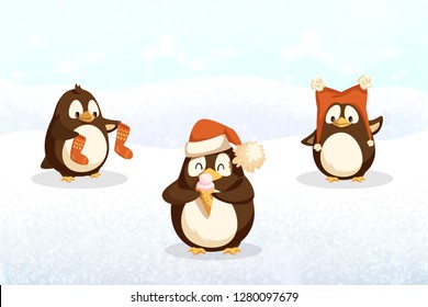 Penguins hipster animals with Santa stockings, in hat with pompoms and sweet ice cream on snowy landscape. Cartoon animals on North Pole, vector
