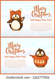 Penguins holding cup in sweater with pattern of tree and animal in funny hat with pompons. Greeting card Merry Christmas and Happy New Year vector