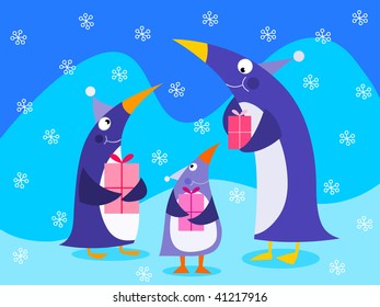 Penguins holding gifts - vector