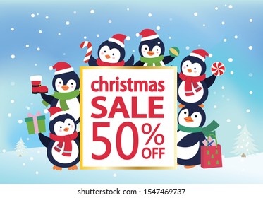 Penguins holding gifts.CHRISTMAS SALE 50% OFF. Christmas vector illustration design. Christmas discount poster. Christmas web advertising.