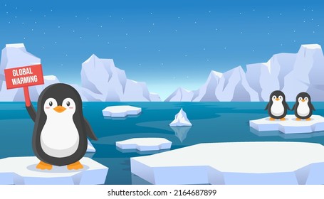 pingüinos sosteniendo pancartas sobre el calentamiento global sobre hielo flotante en el paisaje ártico del hielo