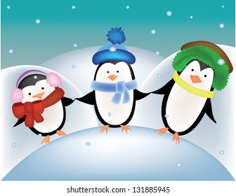 Penguins holding hands together