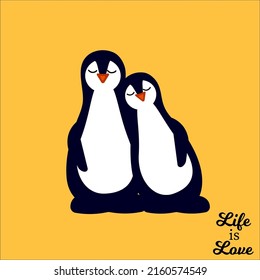 Penguins hug each other and enjoy. Yellow background. Cartoon. Vector Stock Illustration