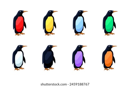 Penguins icon set. Colored Penguins. Flat Style. Vector icons
