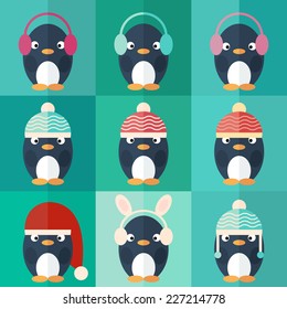 Penguins icons set in flat design. Penguin in Santa Claus hat. Vector Illustration