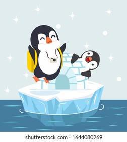 Pinguine mit Iglu-Eishaus auf Eisschollen-Vektorillustration