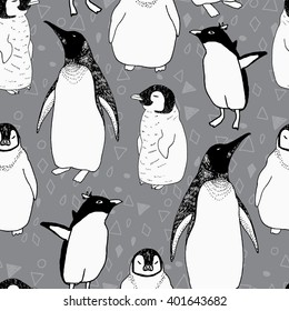 Penguins lifestyle seamless vector pattern. Trendy background for scrapbook paper, textile, web and packaging.