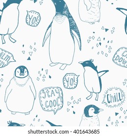 Penguins lifestyle seamless vector pattern. Cute birds and lettering. Trendy background for scrapbook paper, textile, web and packaging.