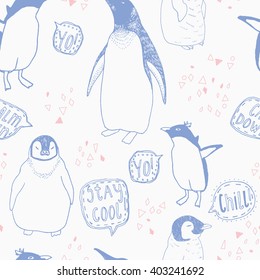 Penguins lifestyle seamless vector pattern. Cute birds and lettering. Trendy background for scrapbook paper, textile, web and packaging. Colors 2016