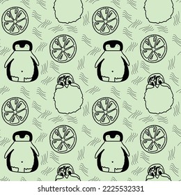 Penguins and limes seamless pattern doodle