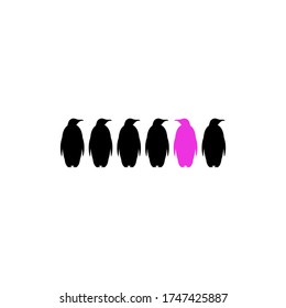 penguins logo. black standing pinguin and one purple one. Creative label. Vector illustration.  Be original concept