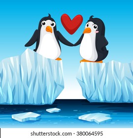 Penguins in love on ice illustration