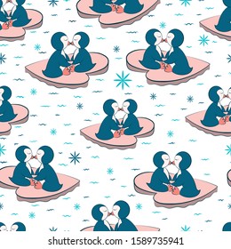 Penguins in love. Seamless pattern. Valentine's Day. Penguins kiss with their beaks and swim on the ice in the shape of a heart. Color image. Design element. Vector illustration.