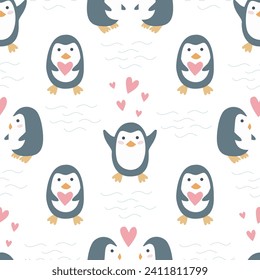 Penguins in love seamless pattern for Valentines day. Romantic cute characters background. Baby penguins for textile, packaging, design, hand drawn vector illustration