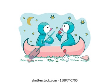 
Penguins in love. Valentine's Day. Penguins canoe. Color image. Design element. Vector illustration.
