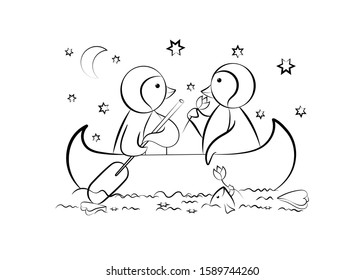 Penguins in love. Valentine's Day. Penguins canoe. Contour image. Coloring. Design element. Vector illustration.