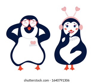 Penguins in love.Vector illustration.A cartoon pair of penguins a boy and a girl are standing and smiling, a heart sticks out in a pocket.Cute characters in trendy flat style.Can be used for web