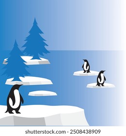penguins at the north pole, antarctica, pine trees
