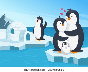 penguins. north pole background with ocean and couple penguins standing on ice