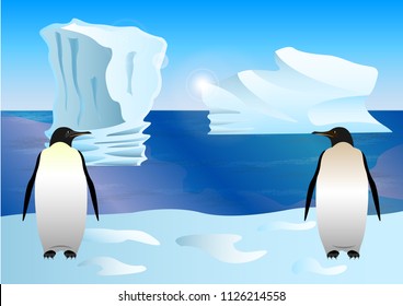 Penguins on the background of ice, icebergs, drawn in cartoon style. Vector Illustration