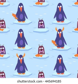Penguins on blue background. Cute penguins seamless vector pattern for wallpaper, web page background, textile design, graphic design.
