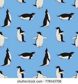 Penguins on a blue background. Geometric style Seamless pattern.