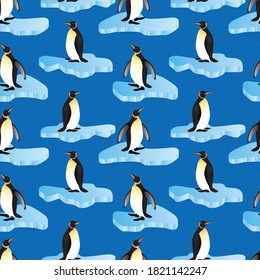 Penguins on blue background seamless pattern. Vector illustration.