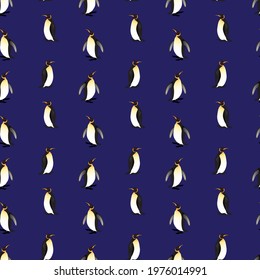 Penguins on blue background seamless pattern. Vector illustration.