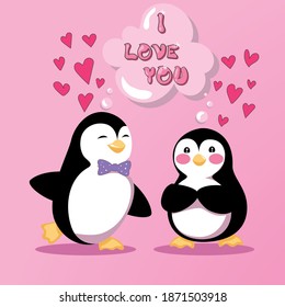 Los pingüinos en la fecha se sienten altos sobre los talones. El amor está en el aire, brillando y haciéndolos felices. Ilustración vectorial sobre fondo rosado.