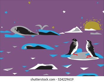Penguins on a drifting ice and a whale in the background, wildlife of Antarctica drawn in simple manner