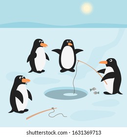 Penguins are on fishing. Cartoon scene with penguins on ice. Winter snow landscape. Arctic animal cartoon characters. Vector illustration. 