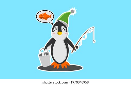 penguins on a fishing trip with buckets and fishing rods are great for printing on clothes