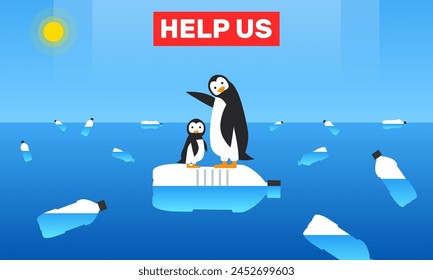 penguins on floating plastic bottle ocean pollution help us text ecology problem vector illustration