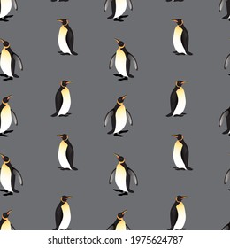 Penguins on grey background seamless pattern. Winter vector illustration.