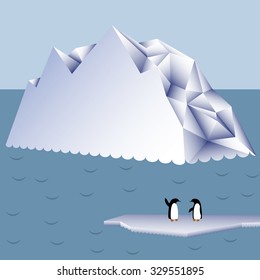 Penguins on an ice floe in the background of icebergs. Vector illustration