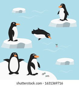 Penguins on the ice floe. Cartoon scene with penguins on ice. Arctic animal cartoon characters. Vector illustration. 