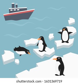 Penguins on the ice floe. Cartoon scene with penguins on ice. Boat in ocean. Ship in sea on background. Arctic animal cartoon characters. Vector illustration. 
