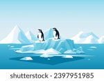 Penguins on an ice floe. Cheerful penguins swim on an ice floe against the backdrop of a landscape of large glaciers and icebergs. Vector illustration
