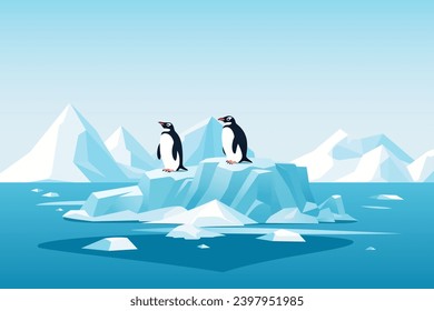 Penguins on an ice floe. Cheerful penguins swim on an ice floe against the backdrop of a landscape of large glaciers and icebergs. Vector illustration