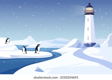 Pinguine auf einer Eisscholle. Fröhliche Pinguine schwimmen auf einer Eisscholle zwischen großen Gletschern, Eisbergen und einem Leuchtturm. Schöne Vektorgrafik der Antarktis mit Pinguinen.