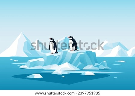 Penguins on an ice floe. Cheerful penguins swim on an ice floe against the backdrop of a landscape of large glaciers and icebergs. Vector illustration