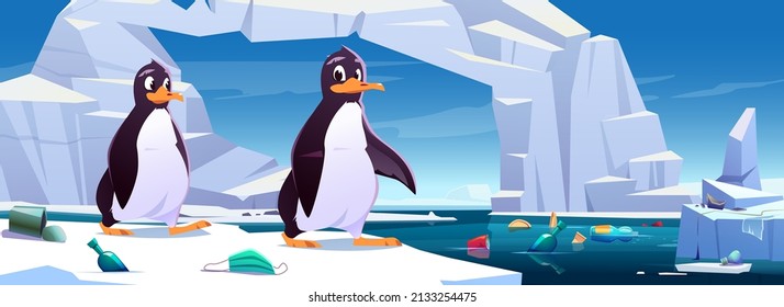 Penguins on ice floe with garbage floating in ocean water and scatter around. Wild animals at polluted nature North Pole. Save Earth ecological concept, sea pollution, Cartoon vector illustration