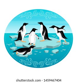 Penguins on an Ice Floe in the Middle of the Sea. Decorative Oval Composition.