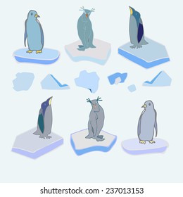 The penguins on ice floes.Vector penguins. Christmas penguins.